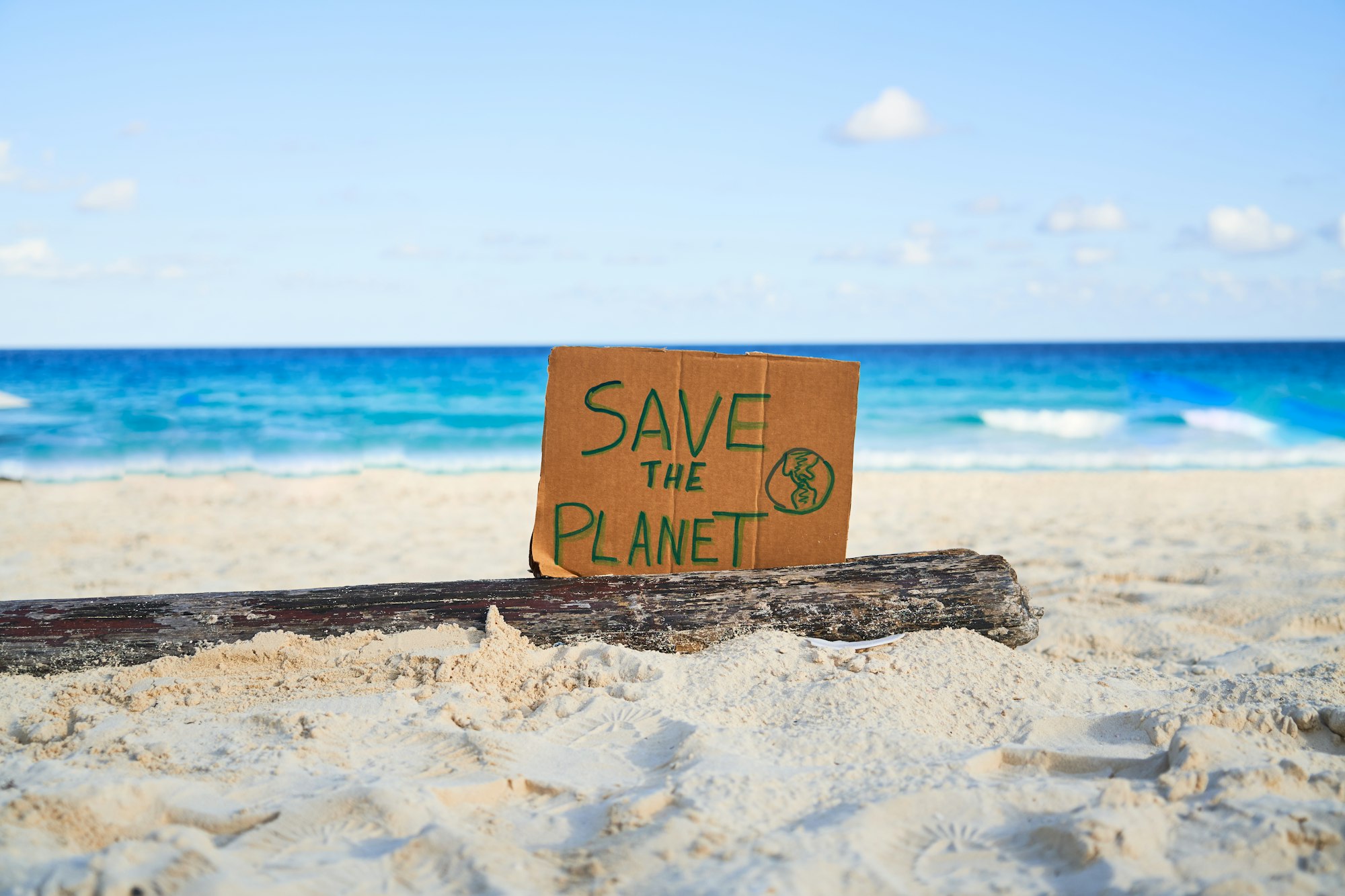 SAVE THE PLANET sign with the sea in the background. Ocean conservation.